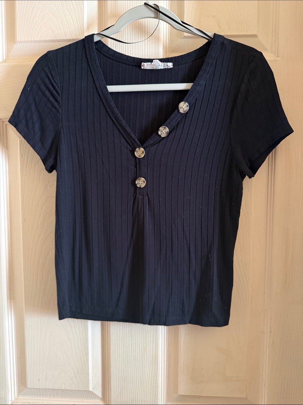 Pink Rose Black Ribbed Short-Sleeve V-Neck Top with Button Placket